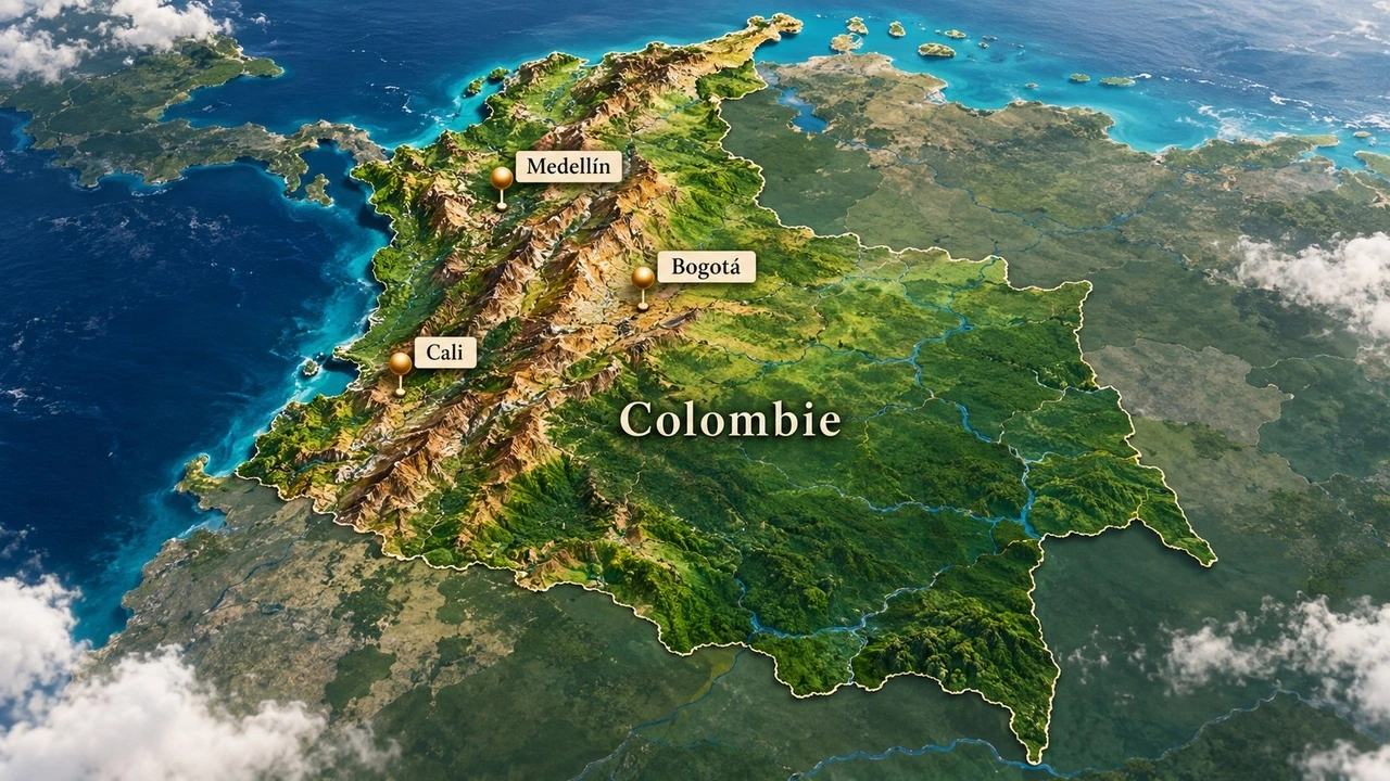 Carte de la Colombie avec les principales villes — Bogotá, Medellín, Cali