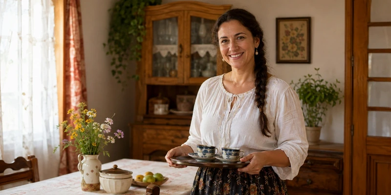 Femme roumaine souriante et hospitalière dans sa maison